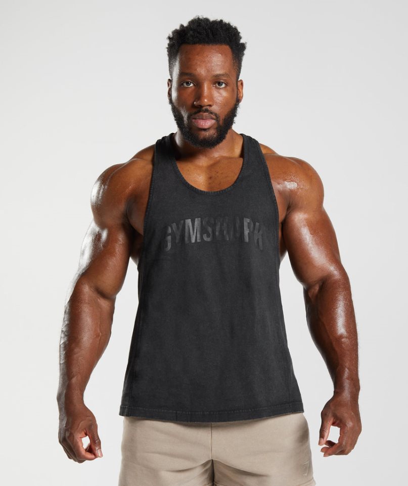 Men\'s Gymshark Power Washed Stringer Tanks Black | NZ 1XNDJZ